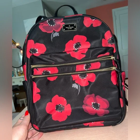 Kate Spade Black Backpack Red Floral Design Kate Spade Chelsea Red Rose Floral Printed Medium Backpack  main image 3